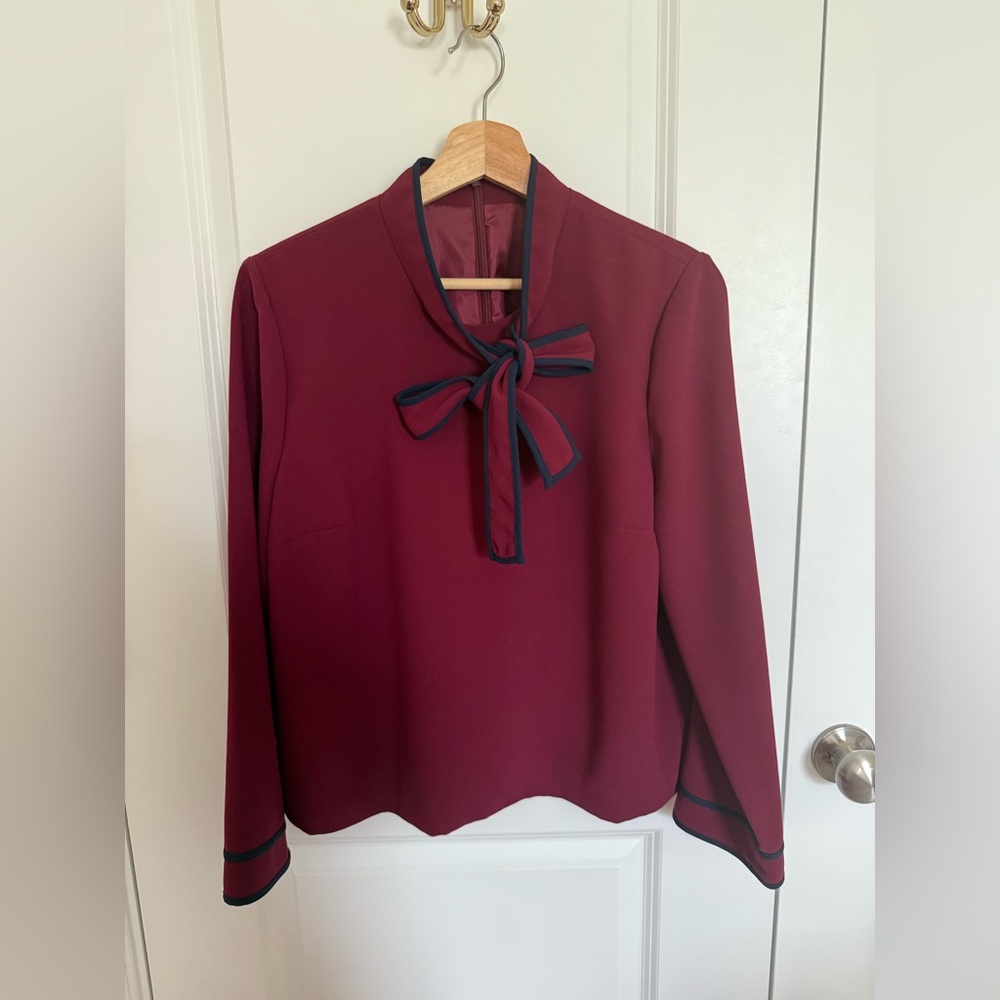 J. Crew Red Tie Front Blouse with Mandarin Collar